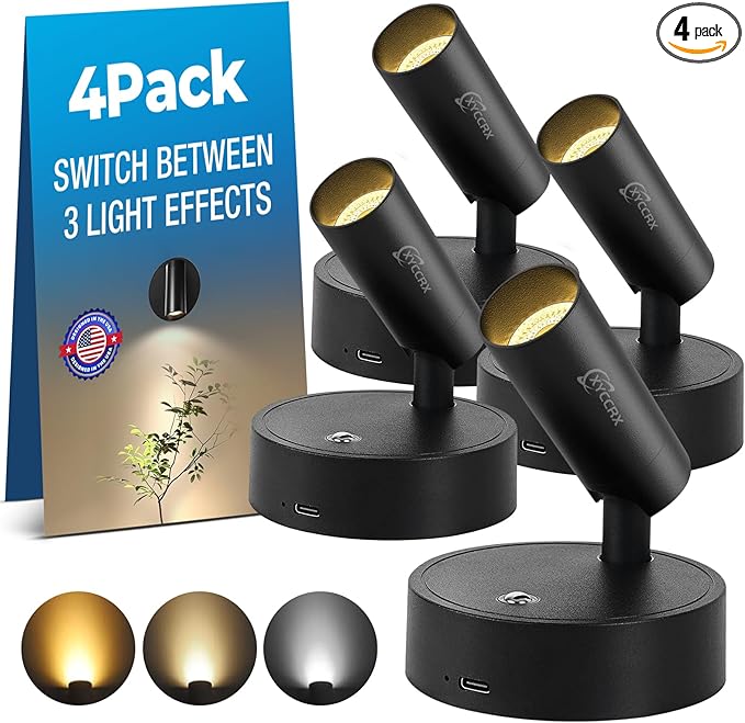 4Pack Spot Lights Indoor for Paintings, LED Rechargeable Grow Lights for Indoor Plants - Dimmable Spotlights for Artwork, Plants, Trees, 3 Colors & Dimmable, 350° Rotatable (Black)