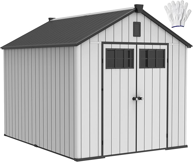 DWVO 8x10 FT Outdoor Storage Shed with Vision Grid Door Panel, 544 cuft Plastic Storage Shed with Floor & Vent, 16mm Heavy Duty Tool Garden Shed for Patio Supplies, Lawn Mower, Bikes, Dark Gray