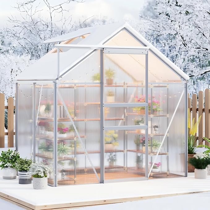 6x4FT Greenhouse for Outdoors, Walk-in Polycarbonate Greenhouse with Sliding Door, Adjustable Roof Vent & Gutter System, Portable Outdoor Green House Kit for Winter Gardening