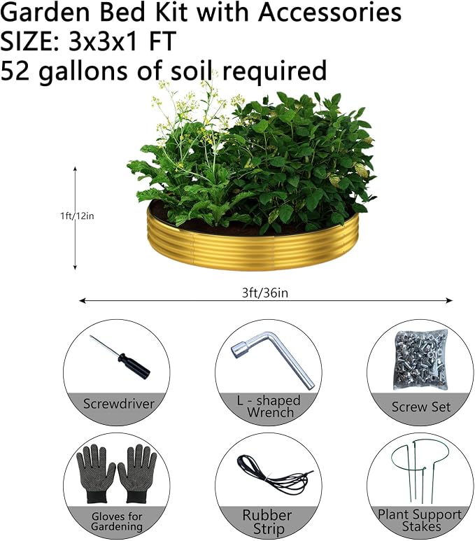 ZFHgarden Galvanized Metal Planter Round Raised Garden Bed Kit for Gardening Outdoor Galvanized Planter Outdoor 2PC Gold 3X3X1FT