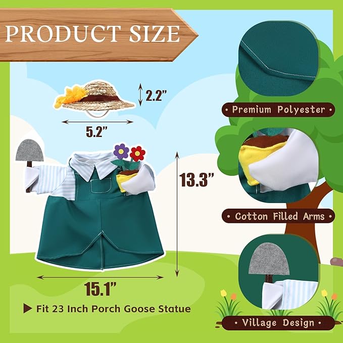 Gardener Porch Goose Outfits for 23 Inch Lawn Statue, Spring Gardener with Flower Pot and Shovel Costume for Plastic/Cement Statue, Summer Sculpture Clothes for Yard Patio Party Decoration