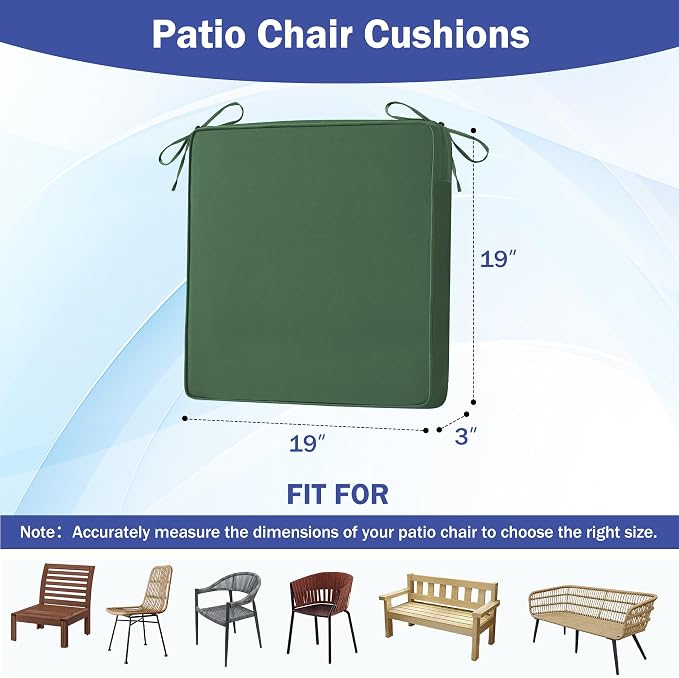IASEAHK Patio Chair Cushions, 19" x 19" x 3" Outdoor Chair Cushions Set of 4, Waterproof Outdoor Cushions for Patio Furniture, Outdoors Seat Cushions with Handle and Ties, Forest Green