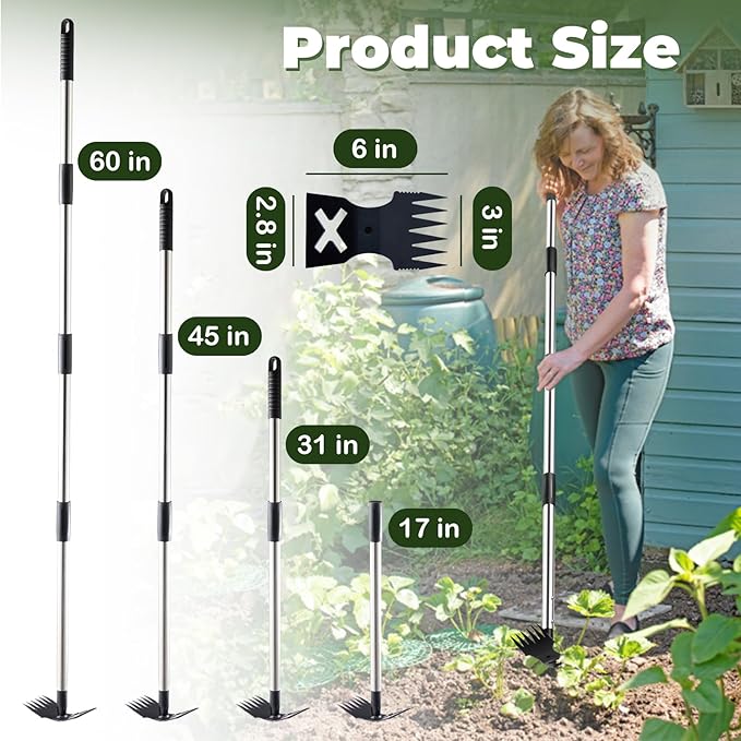 NICOFPHY Weed Puller Tool with Long Handle - 60" Manual Weeder Remover Tool, 2 in 1 Hand Weed Rake and Garden Hoe for Gardening, Heavy Duty Uprooting Weeding Pull for Yard, Lawn, Patio and Garden