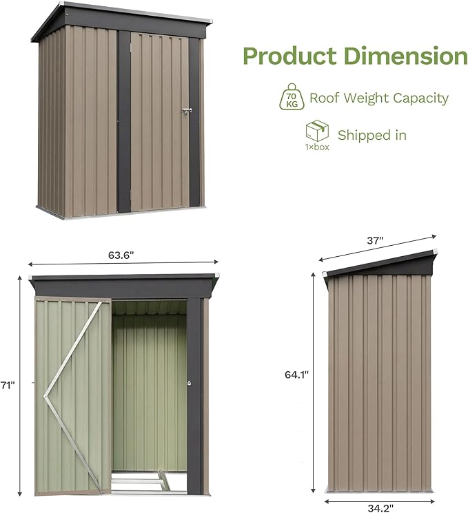 Greesum 5x3FT Outdoor Storage Shed with Base, Utility Tool Shed with Sloping Roof, Metal Storaged Garden Shed with Door & Lock for Patio Storage, Brown