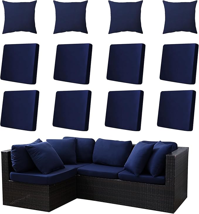 12-Piece Outdoor Cushion & Pillow Cover Set, 8 Seat Covers + 4 Pillow Covers, Stretch Patio Furniture Slipcovers for Sofa Sectional Chair