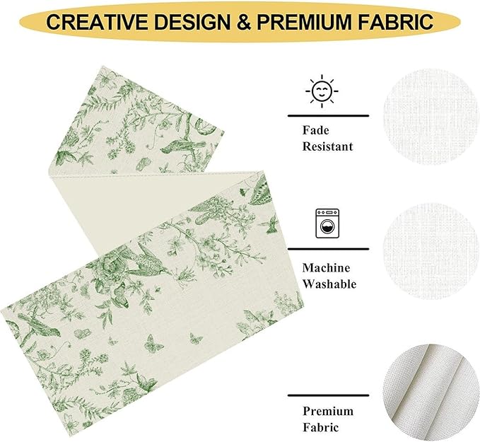 Floral Birds Table Runner, Rustic Seasonal Watercolor Spring Flower Plants Branch Geometric Green Coffee Table Center Decor for Family Kitchen and Dining Farmhouse Party Table Decorations, 13"x108"