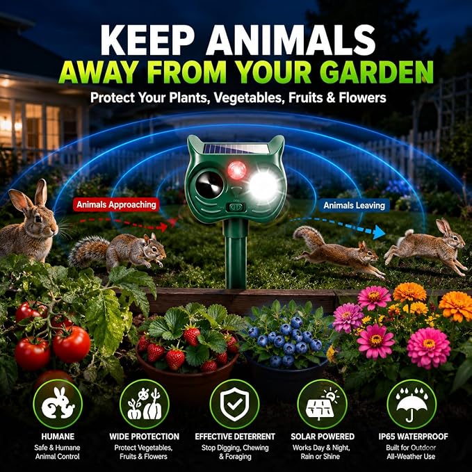 4 Pack New Sonic Fortress Pro Deer Repellent Devices,Solar Ultrasonic Animal Repeller Outdoor for Racoons,Squirrels,Cats,Rabbits,Skunks & Foxes,Waterproof Motion Sensor Animal Deterrent for Garden