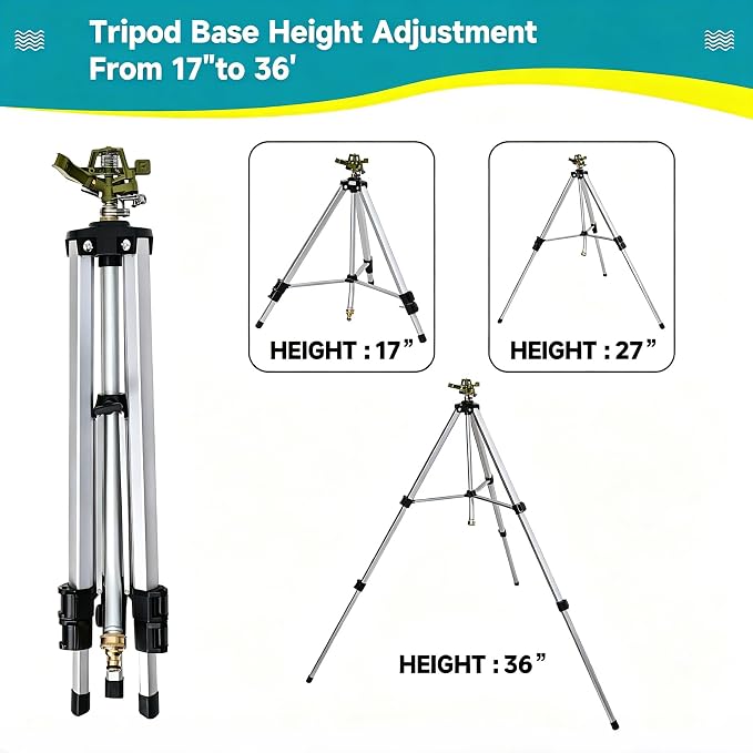 Impact Sprinkler Head on Tripod Base, Heavy Duty Lawn Sprinklers, 360 Degree Large Area Irrigation, Metal Sprinkler Nozzle with Solid Alloy Metal Extension Legs (36in)