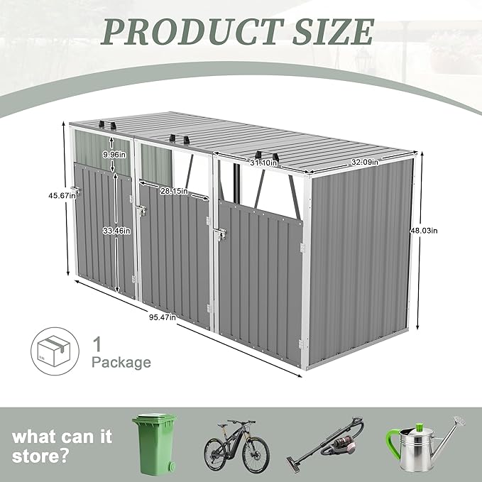 KEIKI 3-Bin Outdoor Trash Can Storage Shed, Metal Garbage Bin Enclosure with Lift-Up Lid & Lockable Double Doors, Weather-Resistant Heavy-Duty Patio Garden Shed, Light Gray