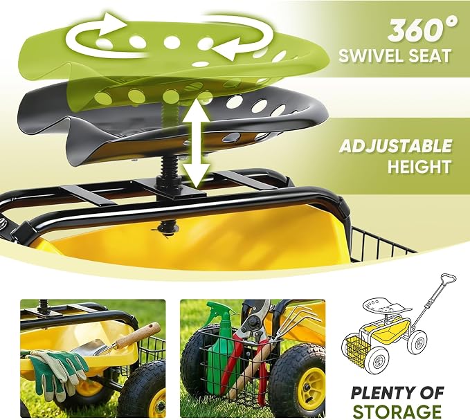 Sekey Garden Cart Rolling Workseat, Heavy Duty Garden Scooter with 360° Swivel Seat & Adjustable Height, Tool Tray & Storage Basket, 440 lbs Capacity, All-Terrain Wheels, for Seniors & Gardeners