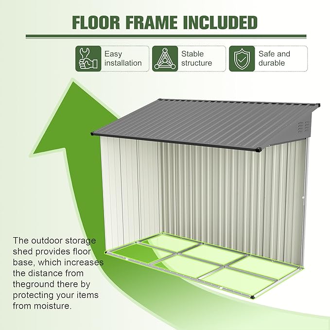 YOPTO 4x8 FT Lean to Outdoor Storage Shed,Metal Shed W/Floor Frame & Reversible Installation,All Weather Waterproof Garden Tool House W/Lockable Door & 2 Air Vents,for Backyard,Patio,Lawn,Gray