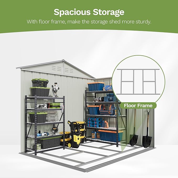 Patiowell 8x6 FT Outdoor Storage Shed with Floor Frame, Metal Garden Patio Sheds with Sloping Roof and Lockable Door, Waterproof Steel Tool Shed for Backyard Garden Lawn, White
