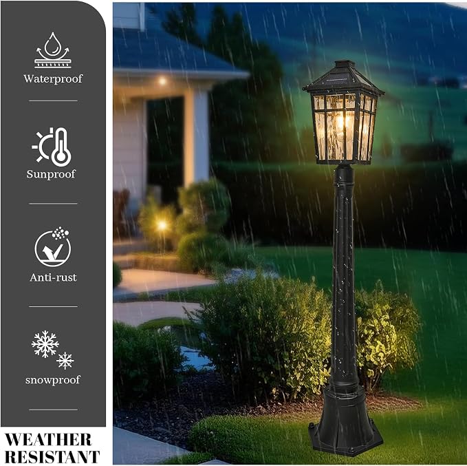 Solar Lamp Post Light 40.5 Inch Lamp Post Outdoor Lighting Waterproof Aluminum Material with Water Ripple Glass Black Solar Pillar Lights for Garden Lawn and Pathway