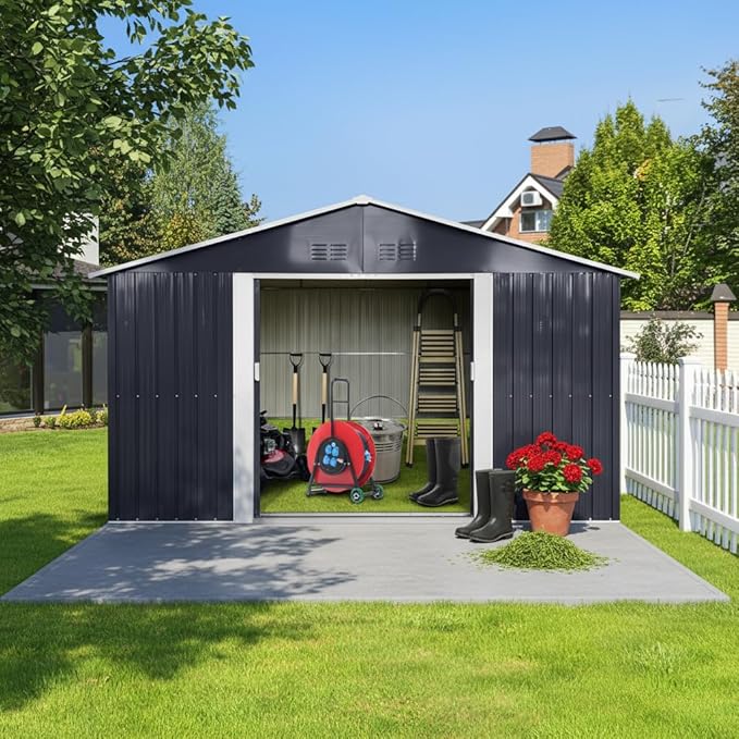YOPTO 11.2x10.6 FT Outdoor Storage Shed Galvanized Metal Tool Shed with Window and Sliding Door,Waterproof Garden House w/Punched Vents & Locks,for Patio,Lawn,Backyard,Grey