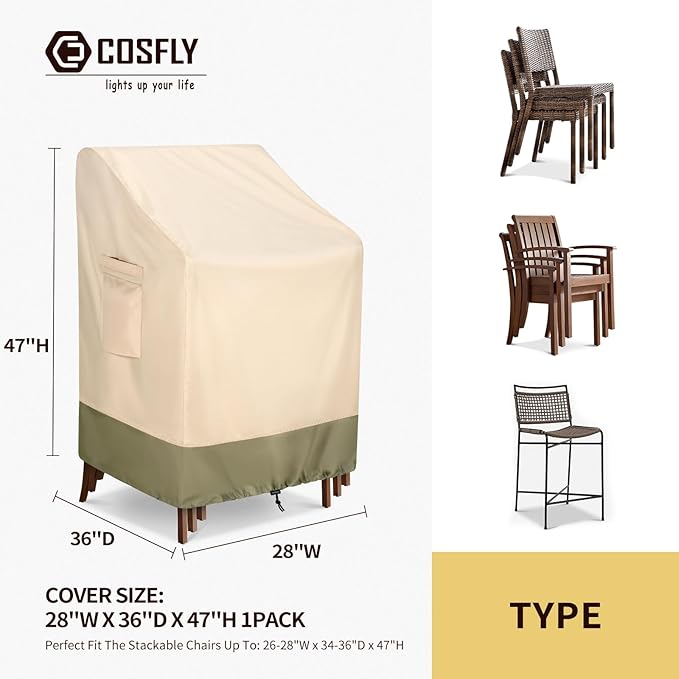 COSFLY Stackable Patio Chairs Covers Waterproof, Outdoor Furniture Covers Heavy Duty for 4-6 Stacking Chairs 1Pack - Fits up to 28w x 36D x 47H inches (Beige)