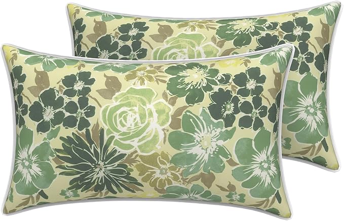 LVTXIII 2 Pack Outdoor Lumbar Pillow Covers 12x20 Inch with Piping, Water-Repellent Back Cushion Covers ONLY for Patio Furniture, Sofa, Garden Bench, Green Rose
