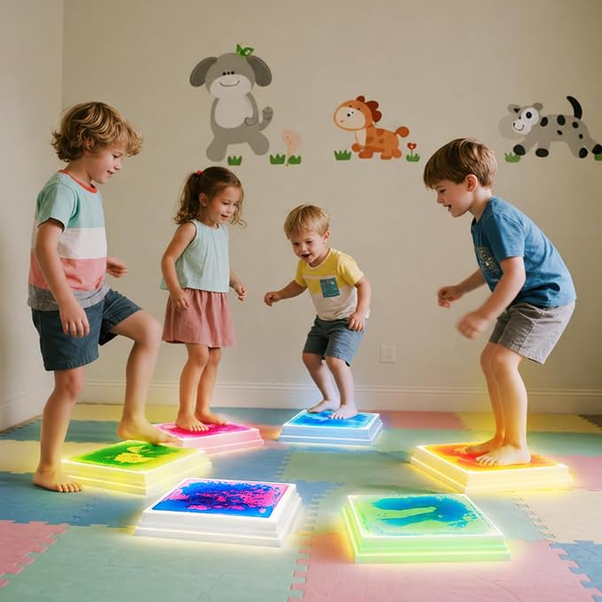 Liquid Light-Up Stepping Stones for Kids Ages 3+ – Step-On 12" Touch-Activated 7-Color LED Sensory Balance Stones for Obstacle Course, Sensory Path and Calm Corner (4-Pack)