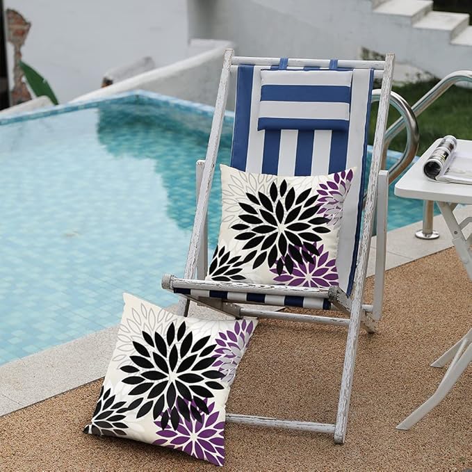DFXSZ Black Purple Flower Pillow Covers 20x20 Inch Set of 2 Outdoor Throw Pillows Outdoor Waterproof Decor for Living Room Sofa Patio Funiture Garden Floral Polyester Pillow Covers 002Q20