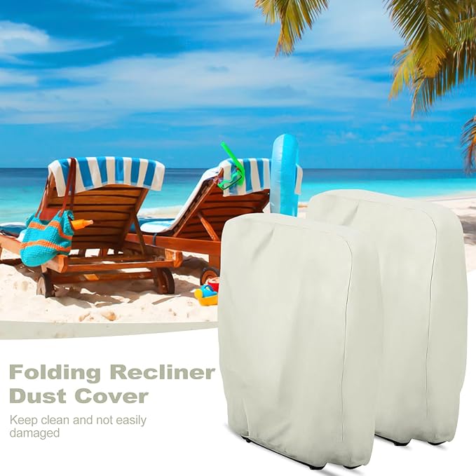 Uranshin Outdoor Folding Chair Covers 2PCS, Zero Gravity Chair Cover 28" W x 13" D x 43" H, Waterproof 210D Oxford Funiture Cover with Storage Bag, Patio Chair Cover for All Weather (Beige)