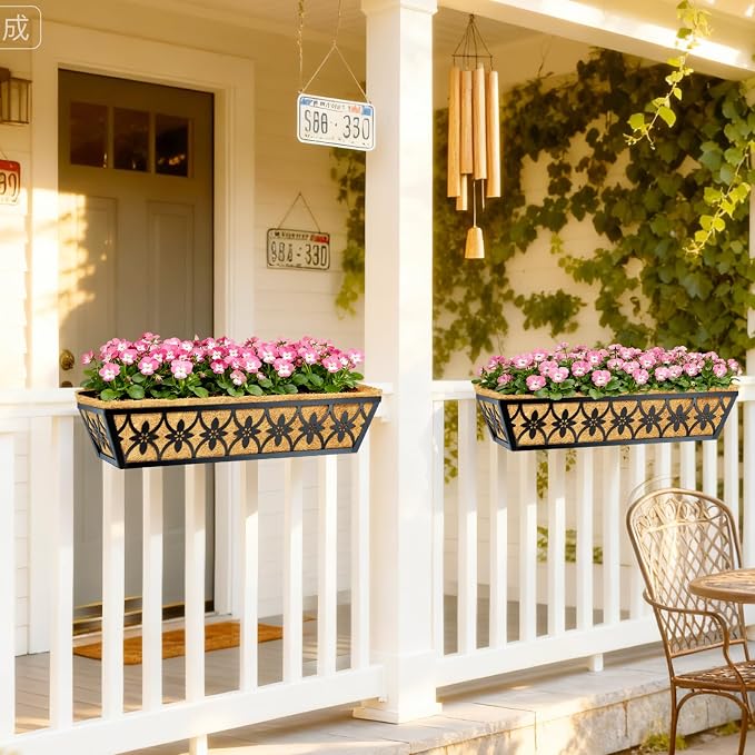 24 Inch Window Boxes Planters Railing Planter Box - 2 Pack Deck Railing Planter Boxes with Adjustable Brackets Coco Liners Balcony Planters Railing Hanging for Window Flower Boxes Outdoor Garden Decor