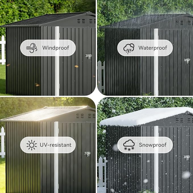 COMHOMA Shed Storage Outdoor Metal Windowed Lockable Weatherproof Ventilated Backyard Garden Utility Workshop(Grey,8'*6')