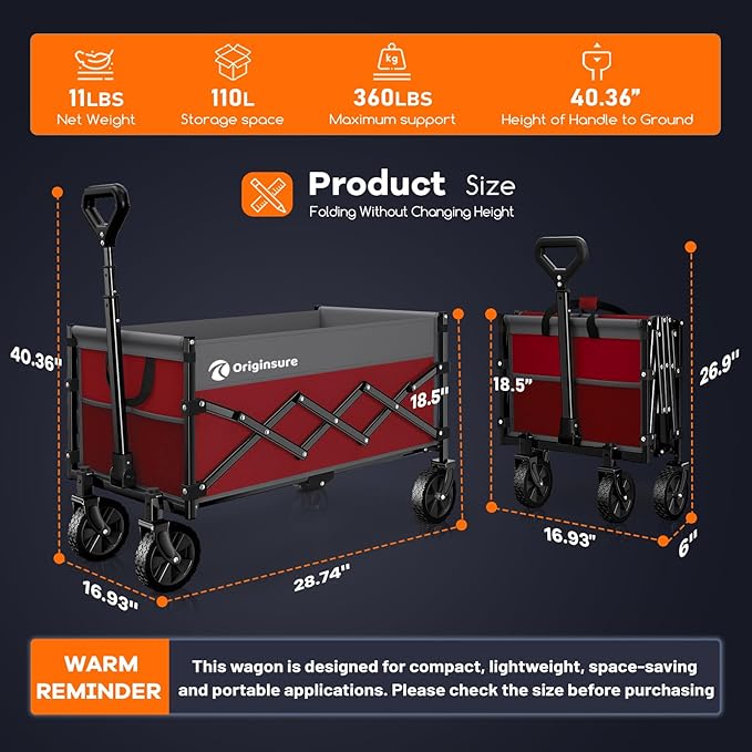 Originsure Collapsible Wagon Cart Foldable - Lightweight Portable Heavy Duty Folding Beach Wagons with Wheels - Outdoor Utility Carts for Grocery, Camping, Shopping with Large Capacity - Grey&Red