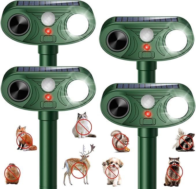 2026 Upgraded Ultrasonic Solar Animal Repellent Outdoor, Deer Repellent Devices Waterproof, Cat Repellent Outdoor with Motion-Activated Deterrent, Repels Squirrel, Deer, Raccoon for Yard (4-Pack)