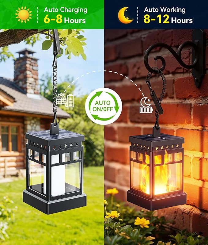 KOOPER Hanging Solar Lanterns Outdoor Waterproof, 4PCS Flickering Flame Hanging Solar Lights for Outside, Outdoor Solar Lanterns up to 12 Hours, Lanterns Decorative for Patio Porch Yard Garden Decor