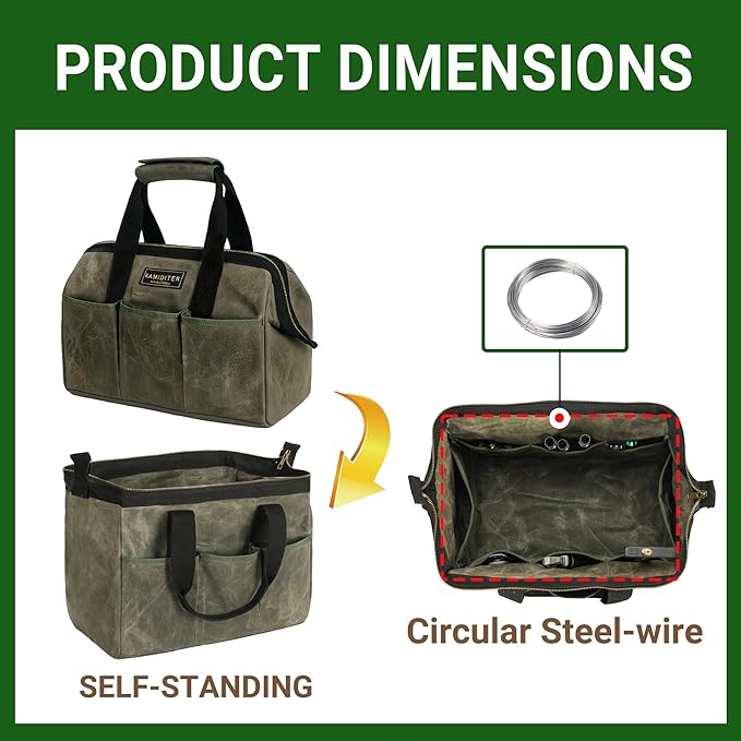 15 Inch Tool Bag, Heavy Duty Wide Mouth Water-Resistant Tool Bag, Tool Tote with Handle for Tools, Wrenches, Screwdrivers (15 X 7.8 X 11.5 inch) | ArmyGreen