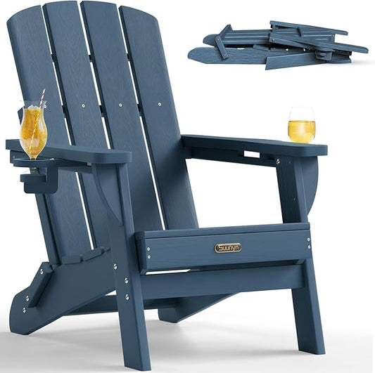 Folding Adirondack Chair, HDPE Adirondack Chairs with 2 Cup Holder, Plastic All-Weather Fire Pit Chairs, Outdoor Lawn Chair for Patio Garden (Navy Blue)