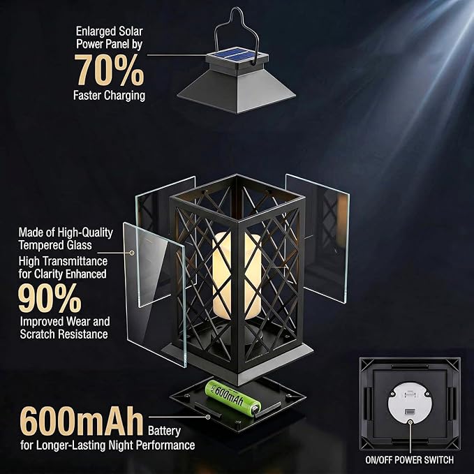 Yowin Solar Lanterns Outdoor Waterproof 14" Large Tempered Glass Solar Hanging Lantern for Outside with Flickering Candle, Mother's Gift Ideas, Wall Lamps for Garden Patio Vintage Decorations - Black