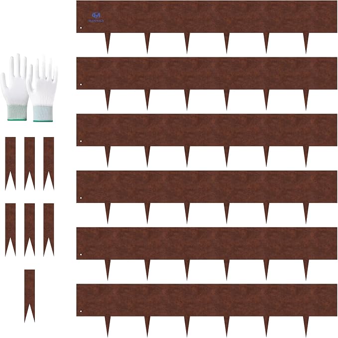 20ft. Cor-Ten Landscape Edging 8 inch，6 Pack Metal Landscape Edging with 7 Stakes & Gloves, Bendable Steel Edging for Landscaping as Flower Bed Yard Pathway Divider （40" L x 8" H, Rusted）