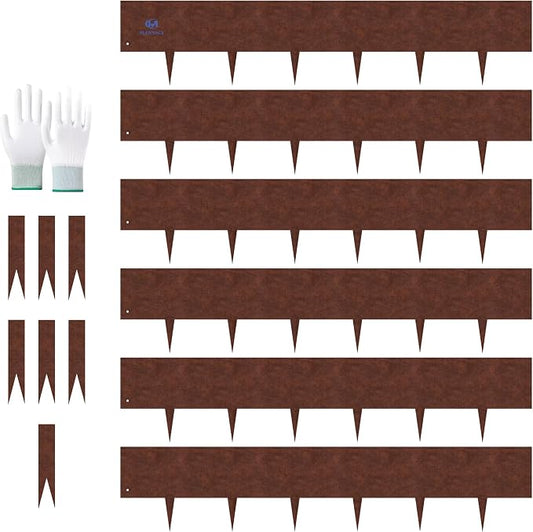 20ft. Cor-Ten Landscape Edging 8 inch，6 Pack Metal Landscape Edging with 7 Stakes & Gloves, Bendable Steel Edging for Landscaping as Flower Bed Yard Pathway Divider （40" L x 8" H, Rusted）