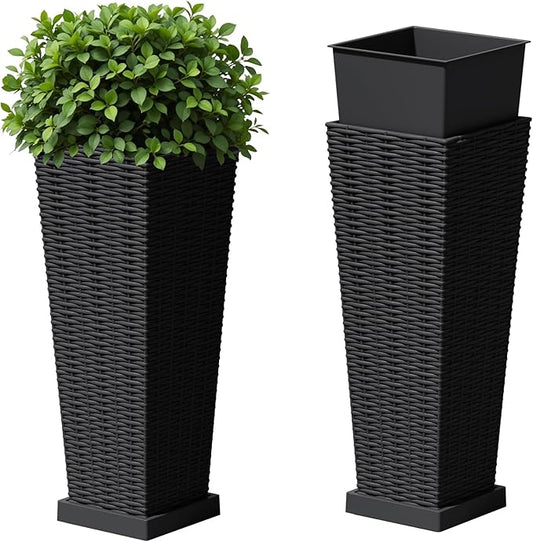 Devoko Resin Tall Planters for Outdoor Plants Set of 2, Large Taper Outdoor Planter Pots with 4 Drainage Holes, Flower Pots Modern Decor for Porch, Patio, Backyard, Garden(Black, 23.6" with Trays)