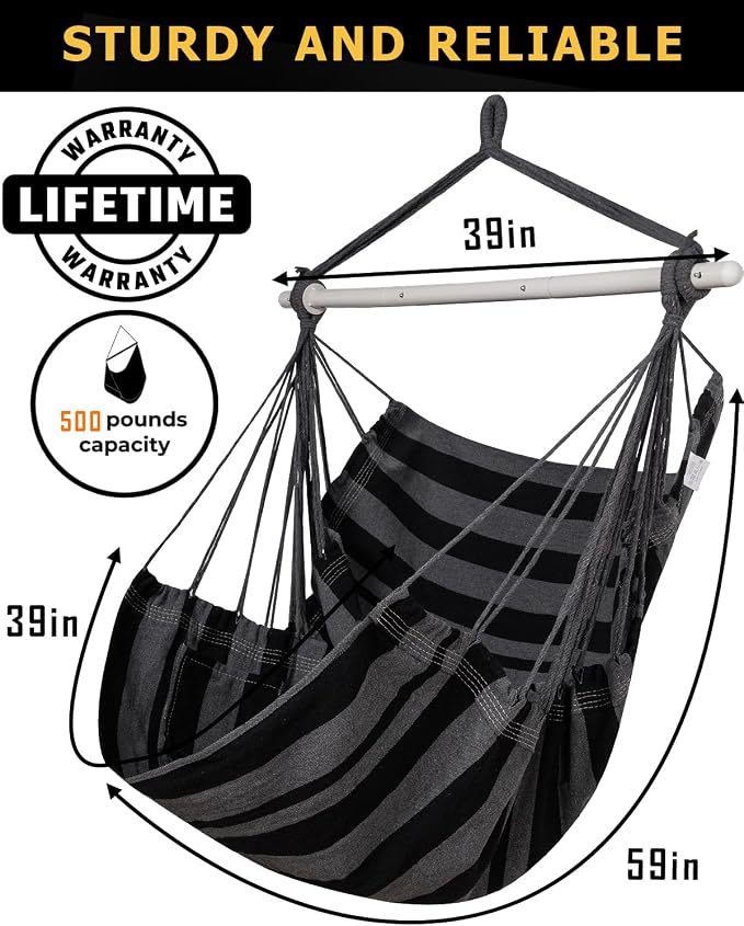 ADVOKAIR Hammock Chair Hanging Chair Swing Large Indoor with Anti-Slip Steel Spread Bar and Pocket-Max 500lbs-2 Cushions, Perfect for Bedroom,Outdoor,Patio, Porch,Backyard