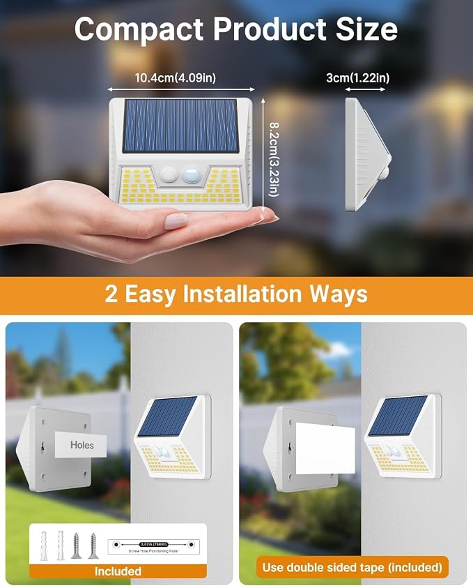 Vighep 4 Pack Solar Fence Lights Waterproof, Motion Sensor Deck, Warm White LED Outside Wireless for Wall, Yard, Garden - White