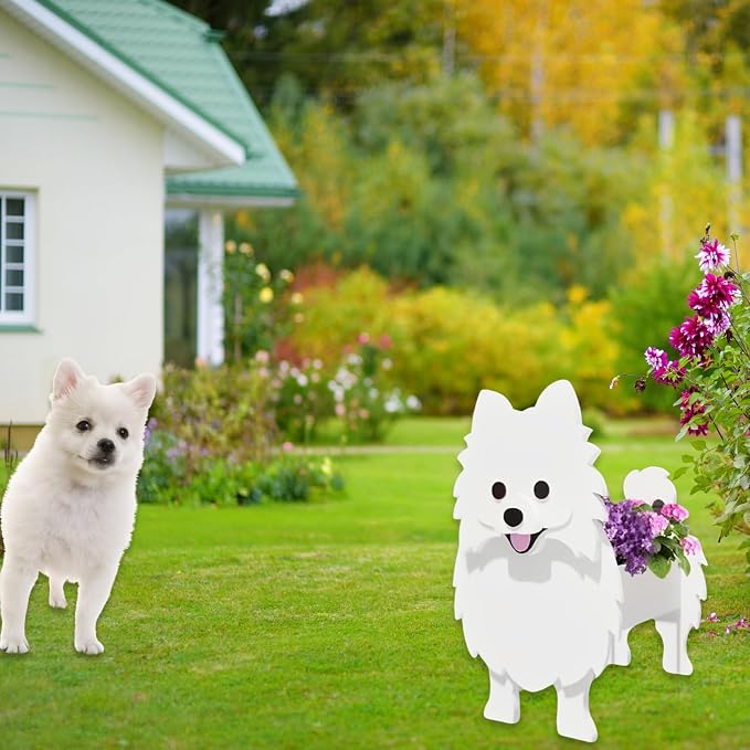 White Pomeranian Dog Planter Plant Pots,Cute Dog Flower Planter,Gifts for Pet Lovers,Unique Animal Plant Pots,Office,Indoor Outdoor Garden Decor（9.45 * 6.65 * 12.13in）
