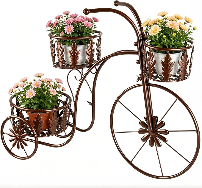 Metal Bicycle Planter Stand, 3 Tier Flower Pot Stand Cart with 3 Plant Buckets, Outdoor Garden Decorative Planter for Yard Patio Lawn Flower Shop Home Decor (Bronze)