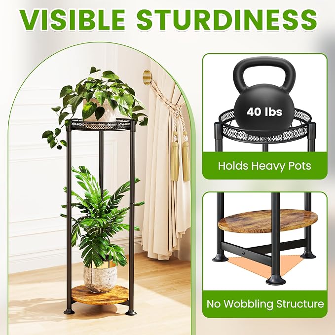 2 Tier Black Plant Stand Indoor,30 Inch Tall Multiple Sturdy Metal Flower Corner Rack for Narrow House Floor Iron Vertical Level Round Orchi Holder Organizer Modern