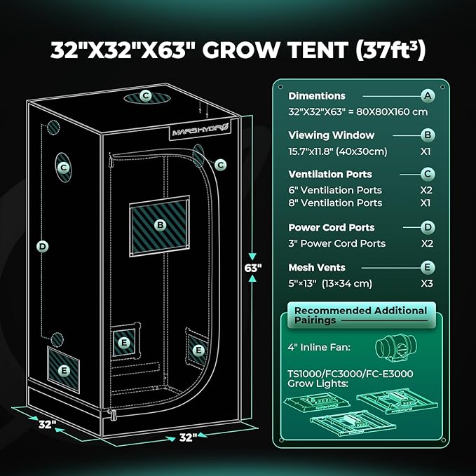 MARS HYDRO 2.6x2.6 Advanced Grow Tent, 32"x32"x63" High Reflective Mylar 1680D for Hydroponics Indoor Plant Growing, with Observation Window,Floor Tray and Smooth Zipper for TS1000/FC3000/FC-E3000