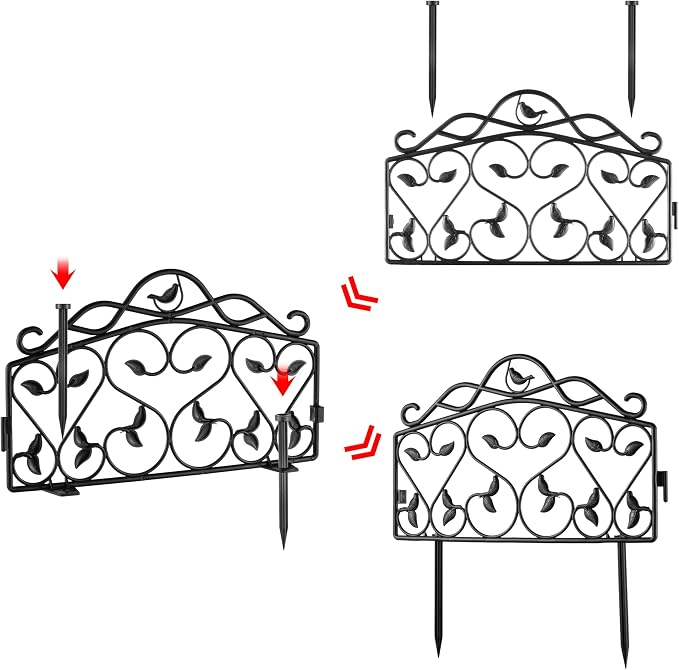 Evelyne Decorative Garden Border Plastic Edging – PP Plastic, Short Metal-Free Faux Wrought Iron Leaf & Bird Design, 16pcs Yard Landscaping Fence Liner Lawn Edge Barrier, 20ft Kit of Decorative Panels