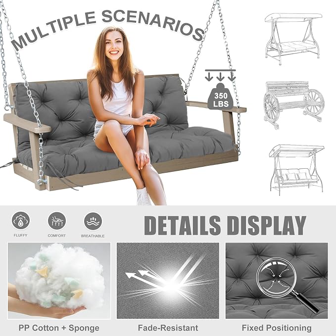 Porch Swing Cushions Outdoor 60 inch x 40 Waterproof Swing Cushions 3 Seater Replacement with Backrest & 8 Ties 5" Thick Bench Swing Cushions for Outdoor Furniture Patio(Dark Gray)