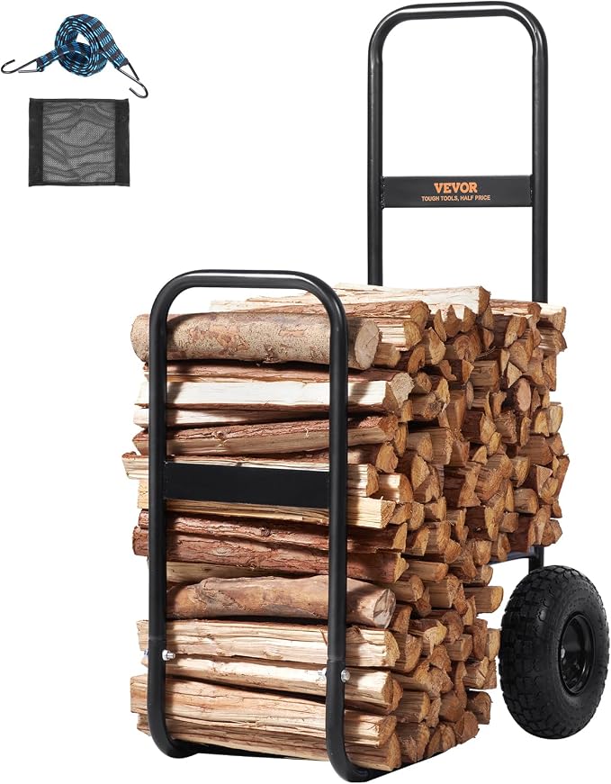 VEVOR Log Cart 250 lbs Load Capacity, Outdoor and Indoor Wood Rack Storage Mover with Pneumatic Rubber Wheels, Heavy Duty Steel Dolly Hauler, Firewood Carrier for Fireplace, Fire Pit, Black