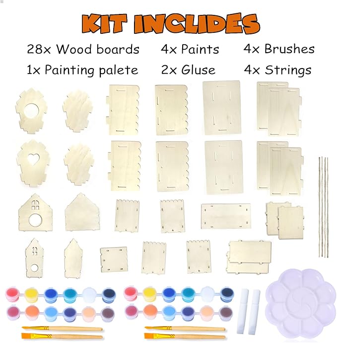 hapray 4 Pack Bird House Crafts for Kids Ages 5-8 8-12, Buildable DIY Birdhouse Kit for Children to Build, Summer Arts and Craft Projects with Paint, 3+ Boy Girl Gift for Halloween Christmas