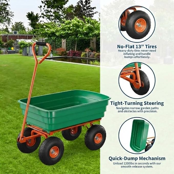 1200 LB Garden Dump Cart with Quick Release System, Poly Garden Wagon with 180° Rotating Handle & All Terrain Tires, Yard Cart Utility Wagon for Landscaping, Gardening, Green & Orange