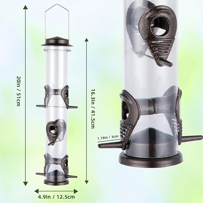 MIXXIDEA 1PK Metal Bird Feeders with 6 Feeding Ports,Tube Bird Feeder with Steel Hanger,Hard Plastic Wild Bird Feeder for Outdoors Hanging, Attracting Birds in Your Lawn, Garden, Balcony–Coffee
