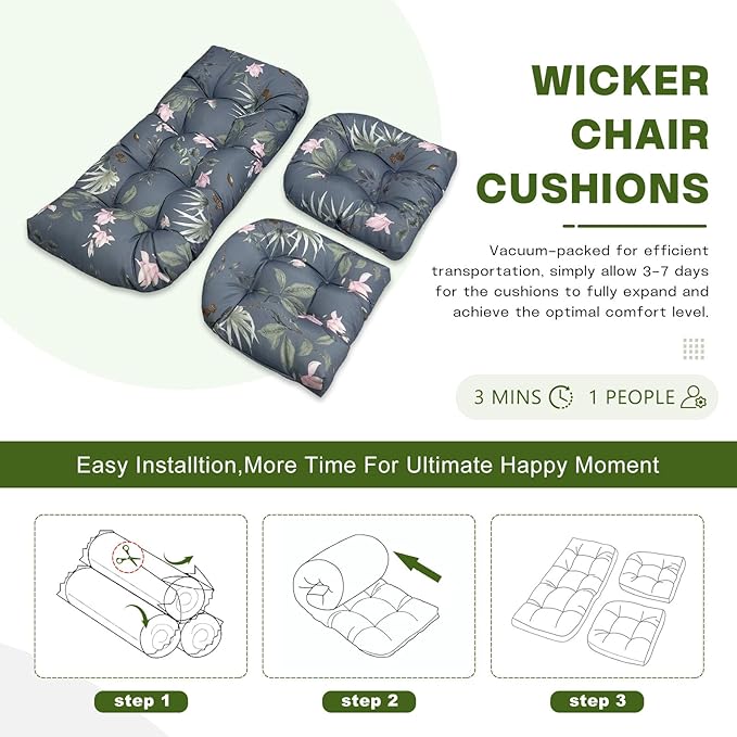 Wicker Chair Cushions Set, 2 U-Shaped Cushions & 1 Loveseat, Waterproof Outdoor Loveseat Cushion for Patio Furniture, Settee Bench Pad All Weather,PinkFlower