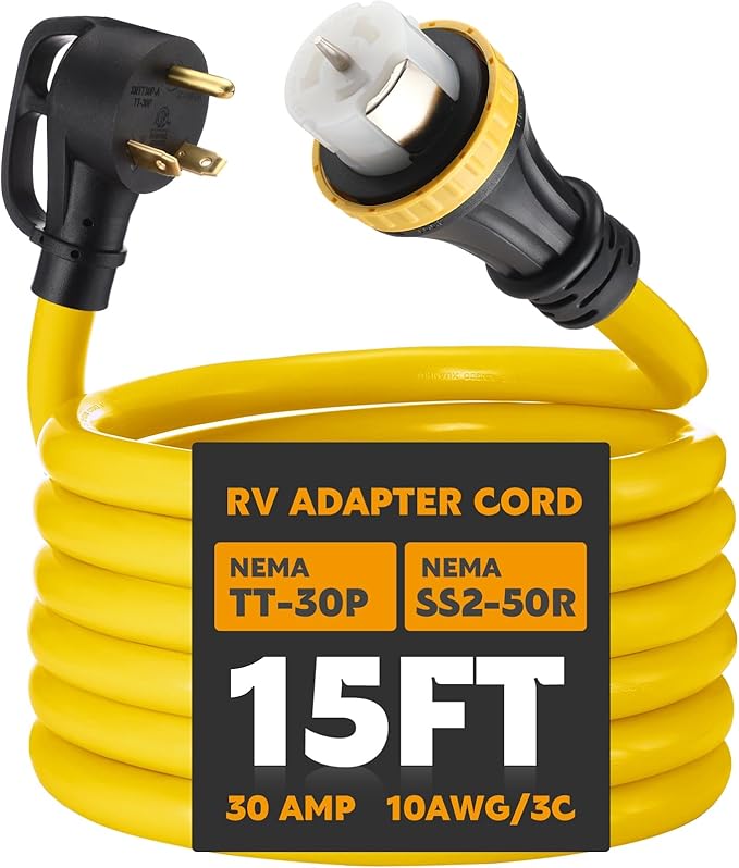 Tellegloww 15ft 30 Amp to 50 Amp RV Locking Adapter Cord Compatible with Nema TT-30P Male to SS2-50R, Locking Female Power Dog Bone Plug for RV Trailer Camper, STW 10 Awg/3c