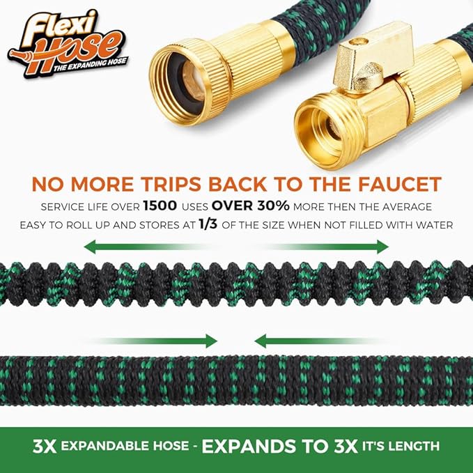 Flexi Hose with 8 Function Nozzle, 50FT - Lightweight Expandable Garden Hose, No-Kink Flexibility, 3/4 Inch Solid Brass Fittings and Double Latex Core - Green