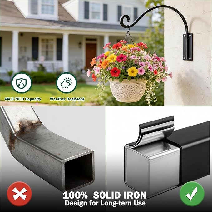 Heavy Duty 12 Inch Plant Hangers Bracket Outdoor, 50lbs Weight Capacity-2 Pack Metal Wall Hooks for Hanging Plants, Bird Feeder, Wind Chime, Wall Decor, Plant Hanger Hooks for Hanging Flower Baskets